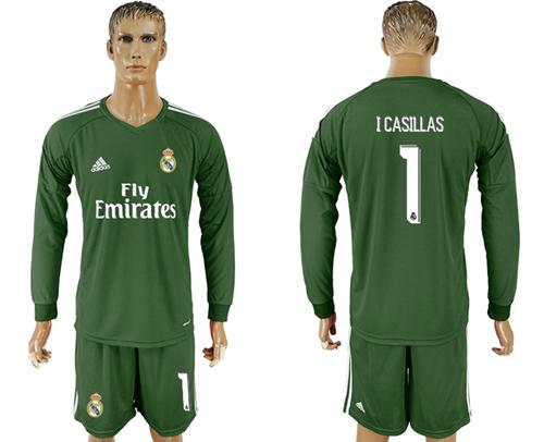 Real Madrid #1 I Casillas Green Goalkeeper Long Sleeves Soccer Club Jersey - Click Image to Close